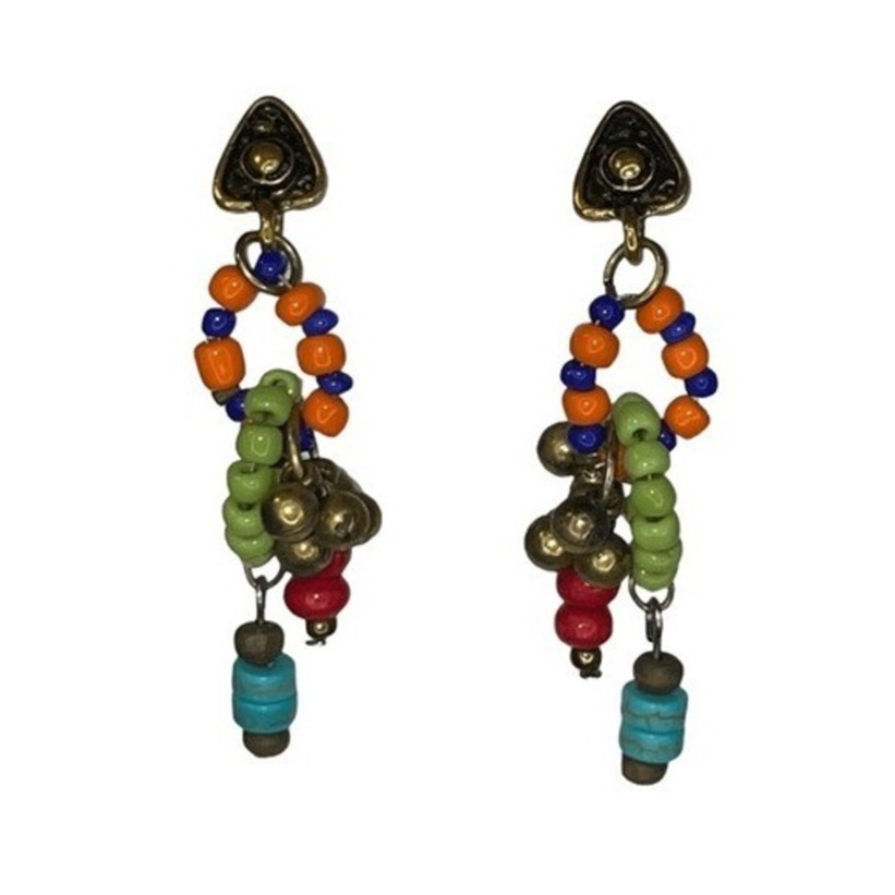 Y2K Vintage Beaded Earrings Multi Colored Beads Brass Metals Dangle Pierced